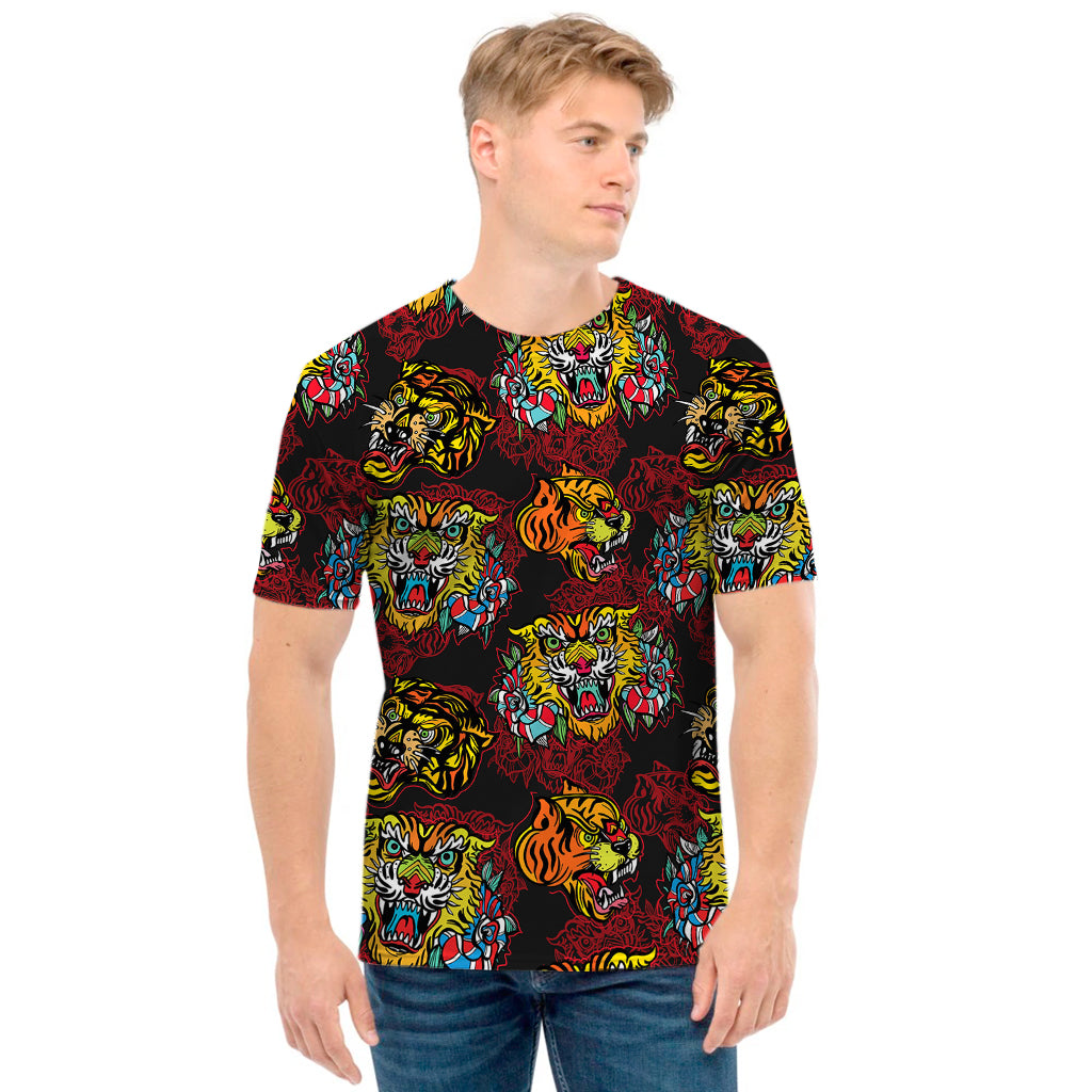 Red Tiger Tattoo Pattern Print Men's T-Shirt