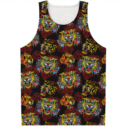 Red Tiger Tattoo Pattern Print Men's Tank Top