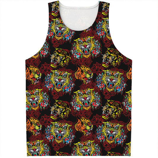 Red Tiger Tattoo Pattern Print Men's Tank Top