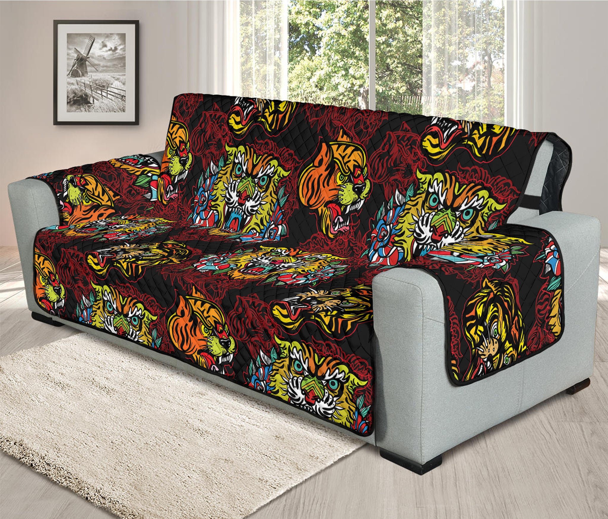 Red Tiger Tattoo Pattern Print Oversized Sofa Protector