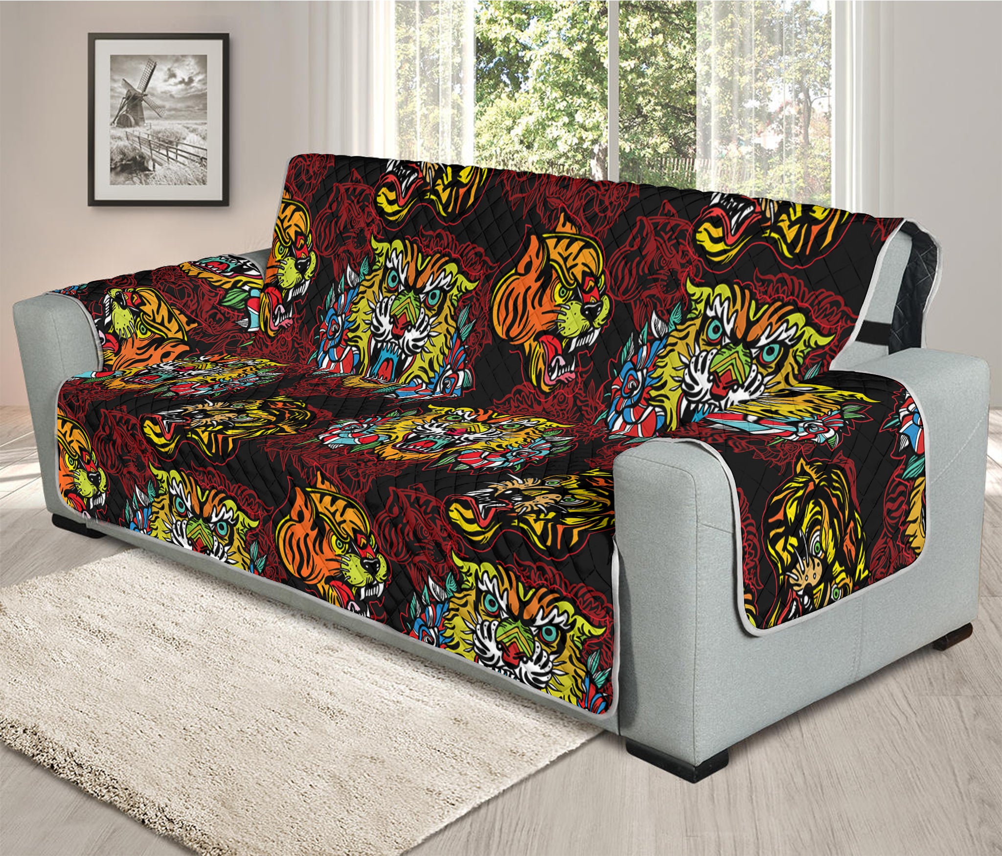 Red Tiger Tattoo Pattern Print Oversized Sofa Protector