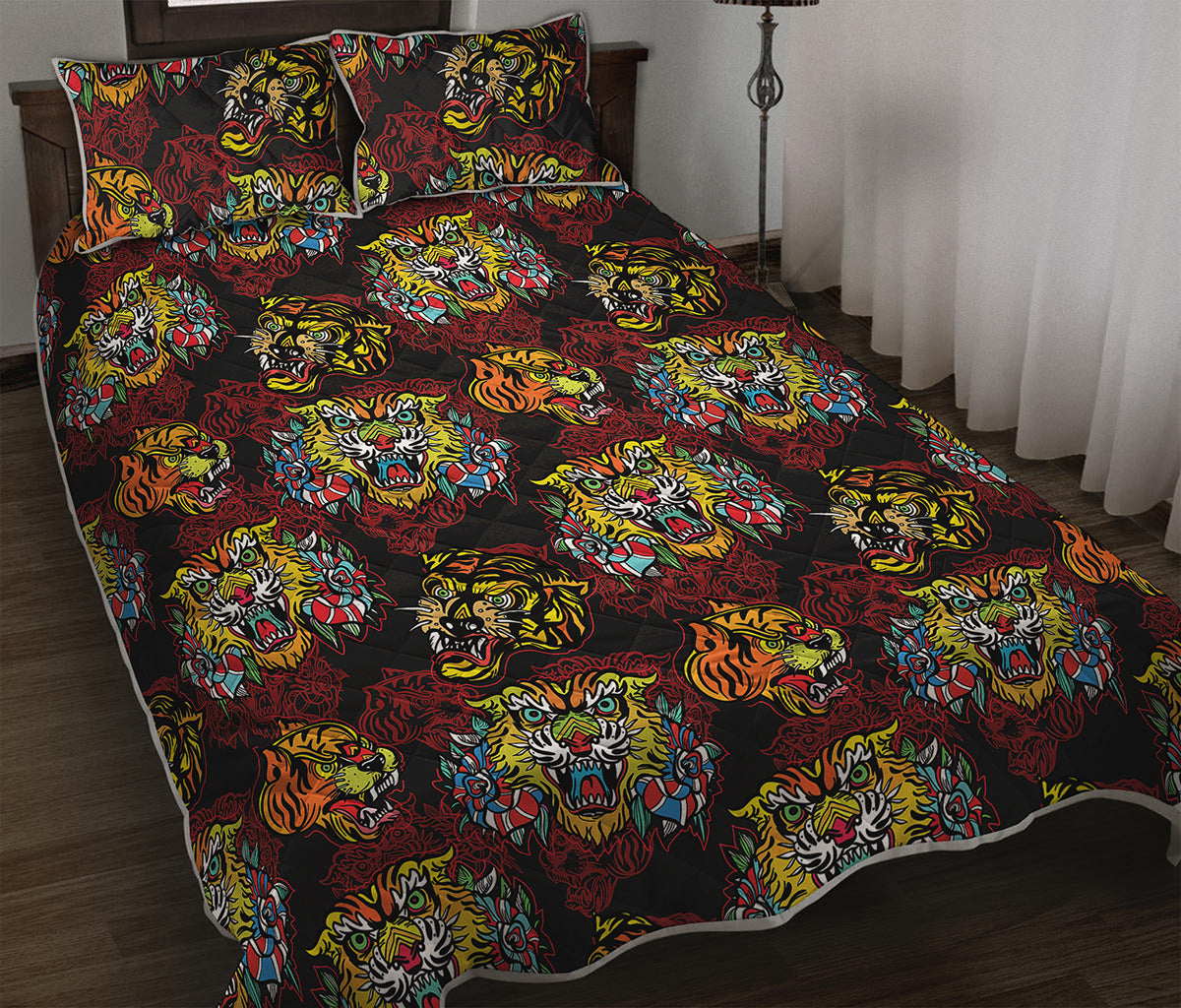 Red Tiger Tattoo Pattern Print Quilt Bed Set