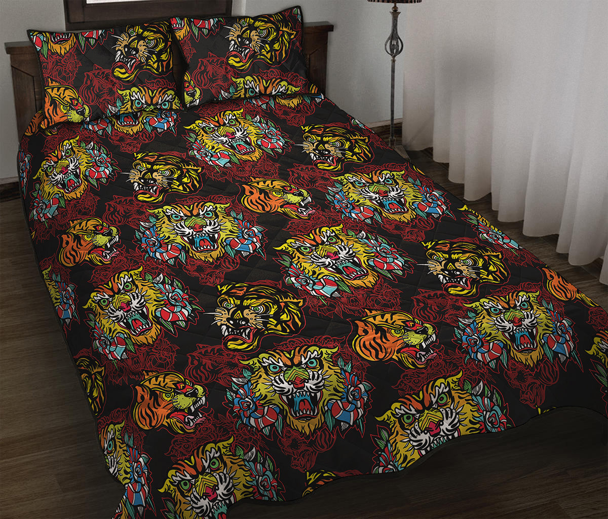 Red Tiger Tattoo Pattern Print Quilt Bed Set