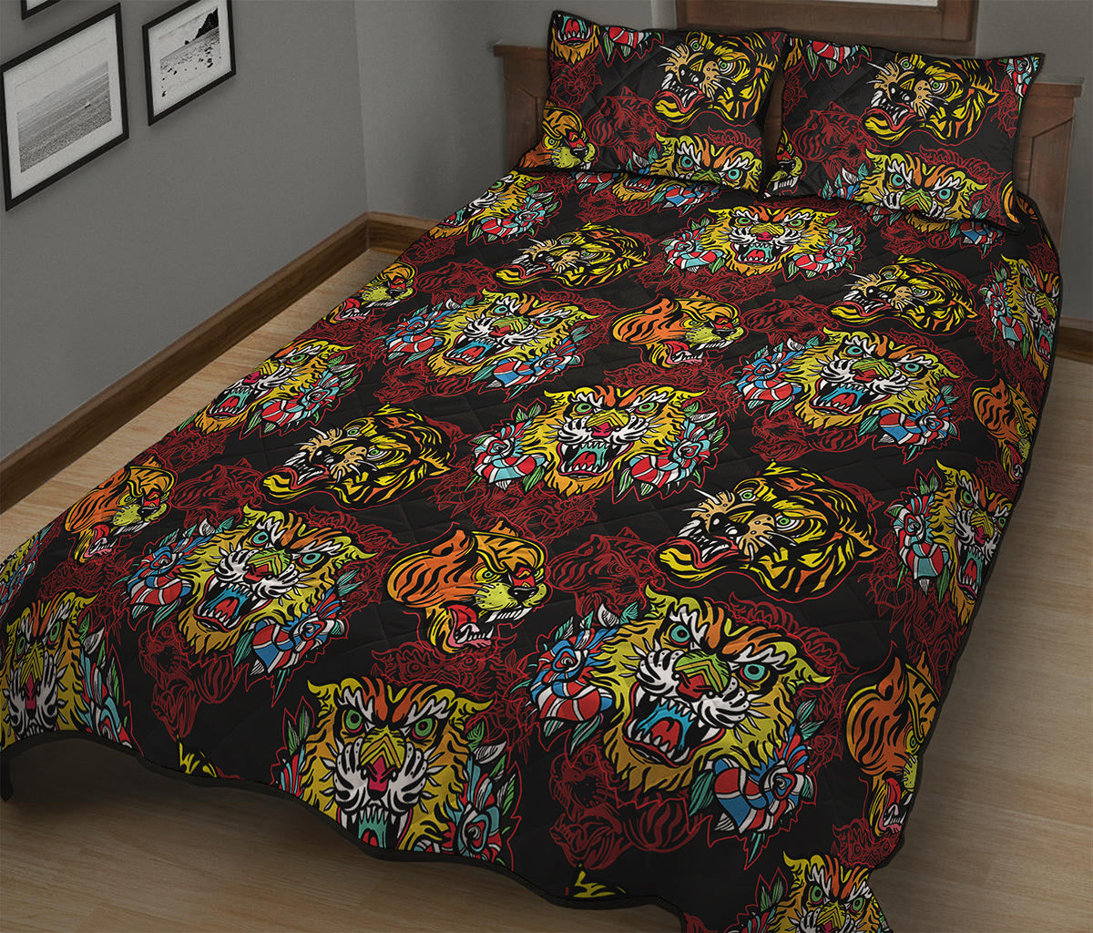 Red Tiger Tattoo Pattern Print Quilt Bed Set