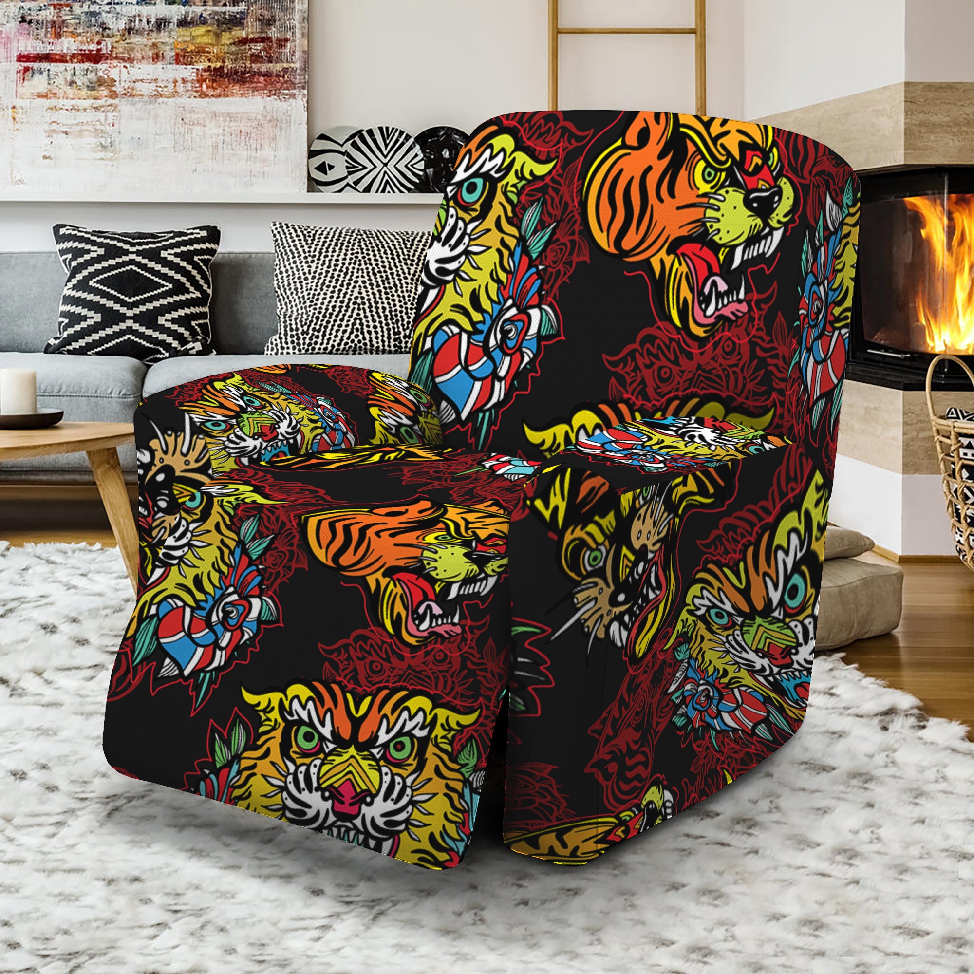 Red Tiger Tattoo Pattern Print Recliner Slipcover