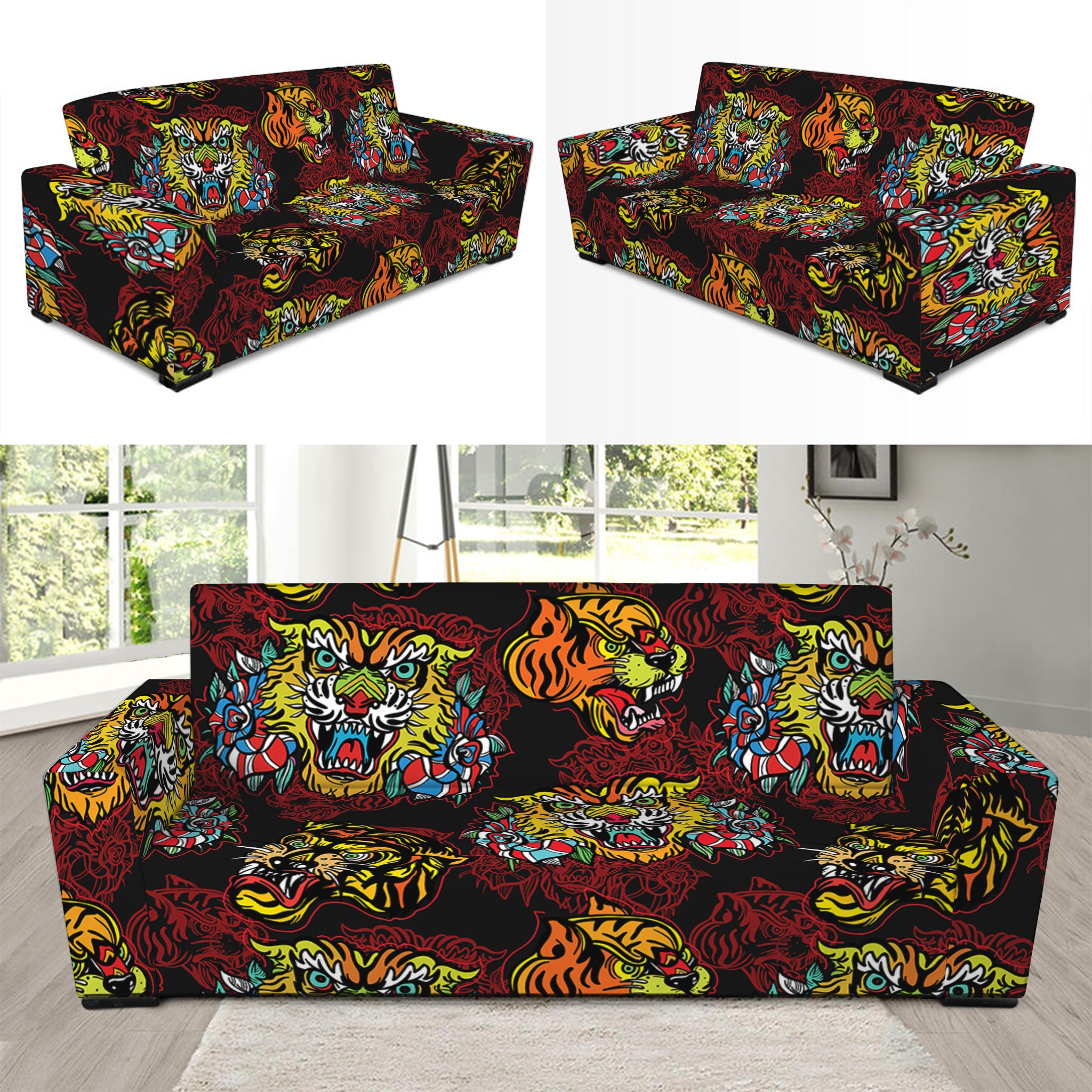 Red Tiger Tattoo Pattern Print Sofa Slipcover