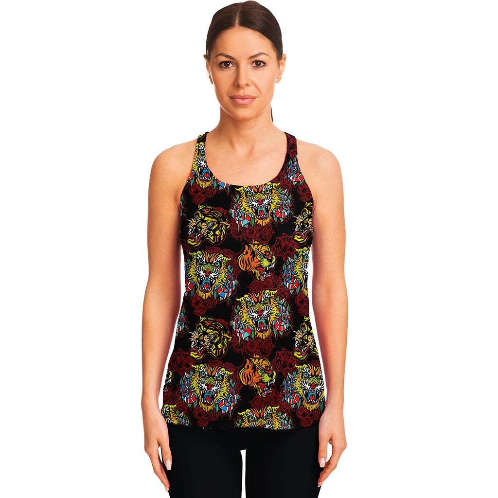 Red Tiger Tattoo Pattern Print Women's Racerback Tank Top