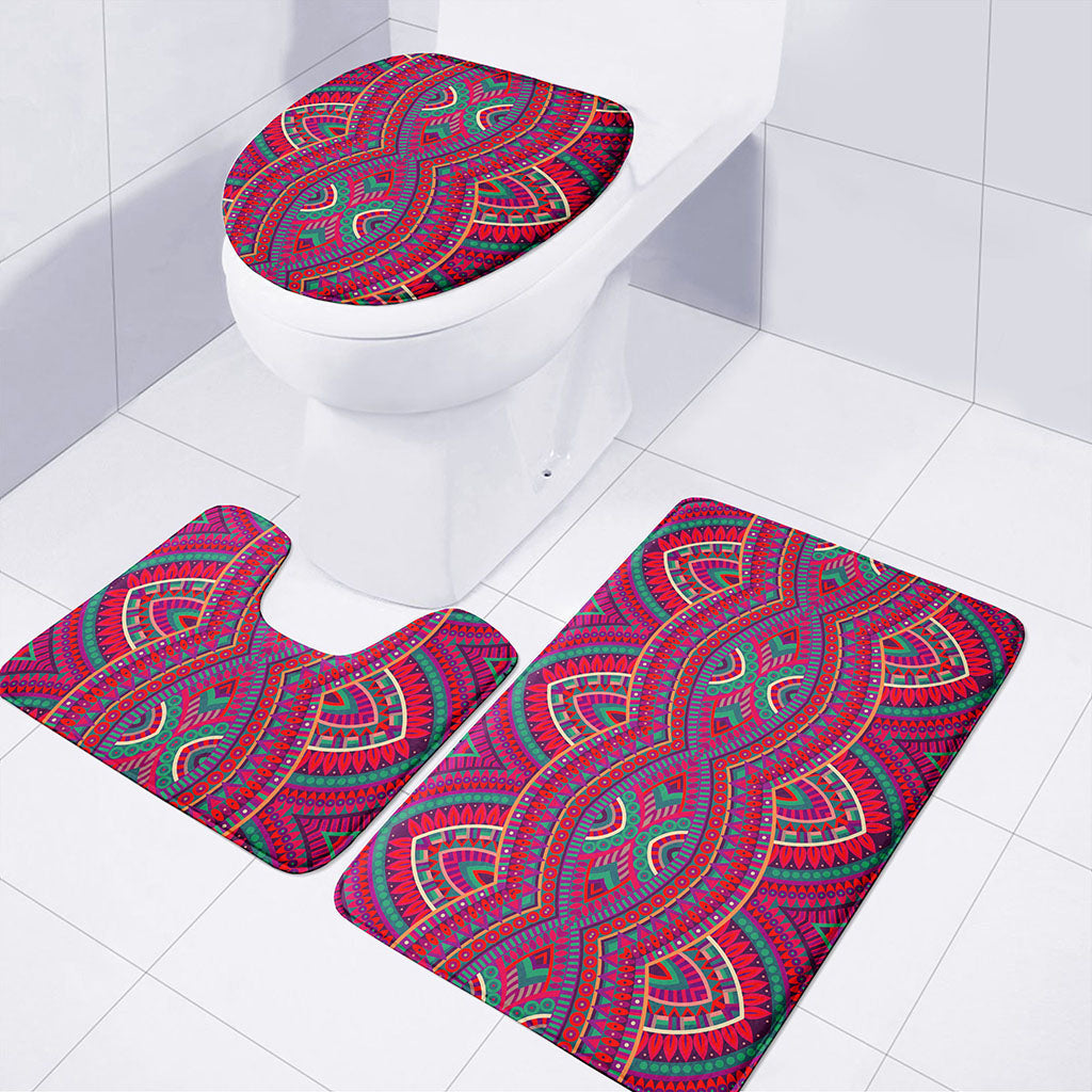 Red Tribal Ethnic Mandala Print 3 Piece Bath Mat Set