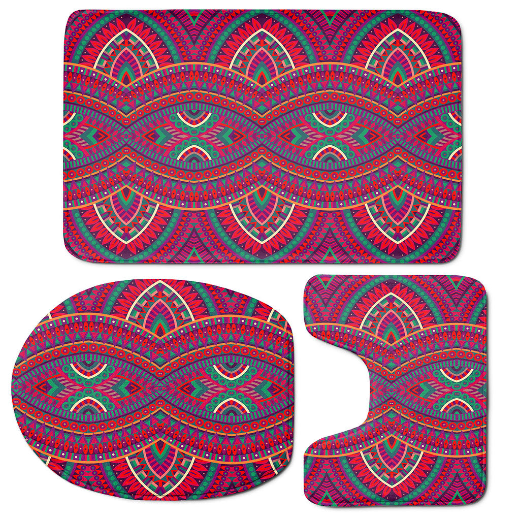 Red Tribal Ethnic Mandala Print 3 Piece Bath Mat Set