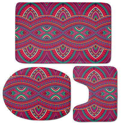 Red Tribal Ethnic Mandala Print 3 Piece Bath Mat Set