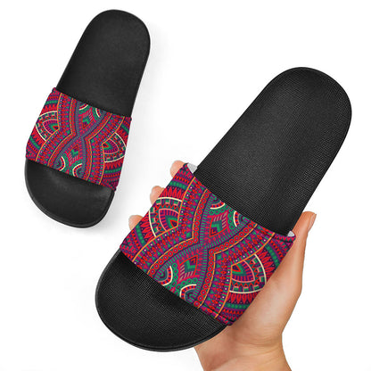 Red Tribal Ethnic Mandala Print Black Slide Sandals