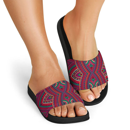 Red Tribal Ethnic Mandala Print Black Slide Sandals