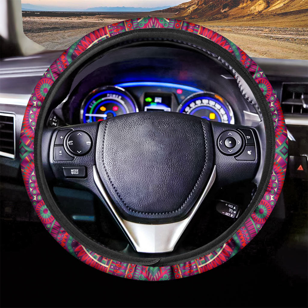 Red Tribal Ethnic Mandala Print Car Steering Wheel Cover