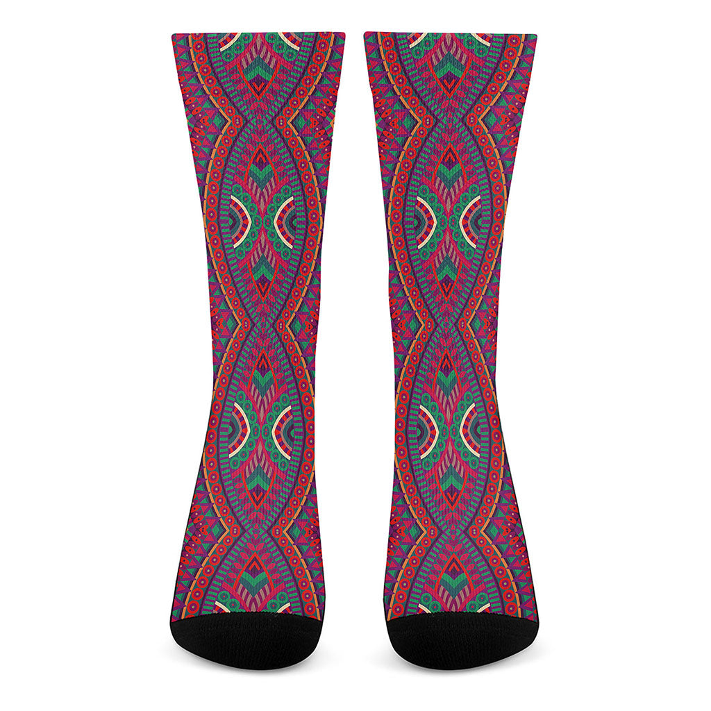 Red Tribal Ethnic Mandala Print Crew Socks