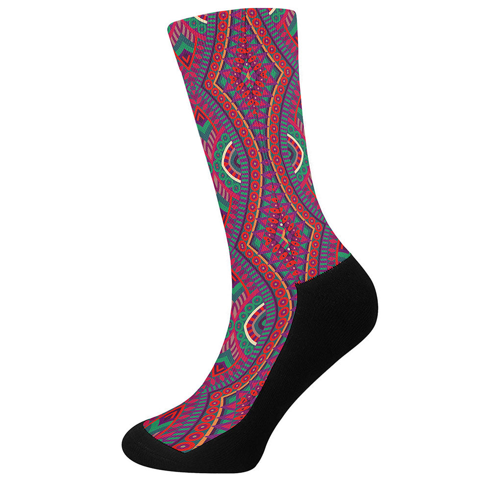 Red Tribal Ethnic Mandala Print Crew Socks