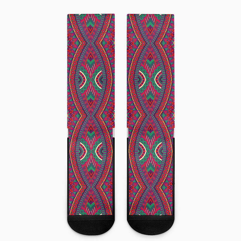 Red Tribal Ethnic Mandala Print Crew Socks