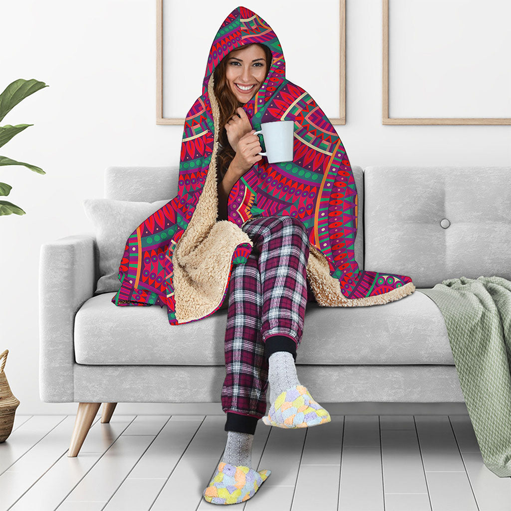 Red Tribal Ethnic Mandala Print Hooded Blanket
