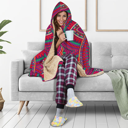 Red Tribal Ethnic Mandala Print Hooded Blanket