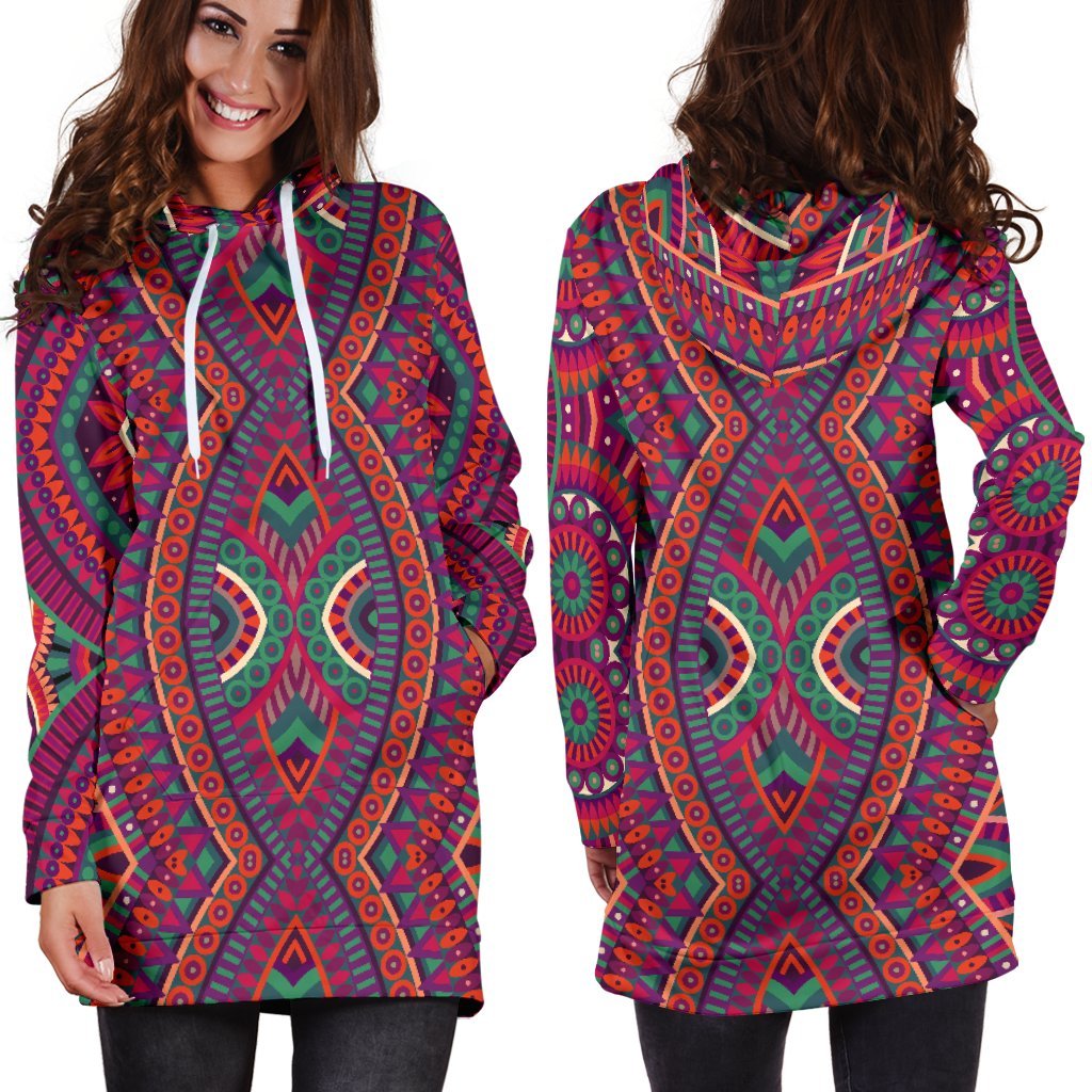 Red Tribal Ethnic Mandala Print Hoodie Dress GearFrost