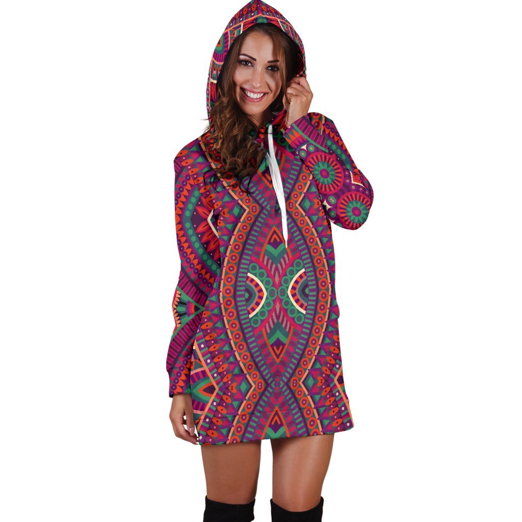 Red Tribal Ethnic Mandala Print Hoodie Dress GearFrost