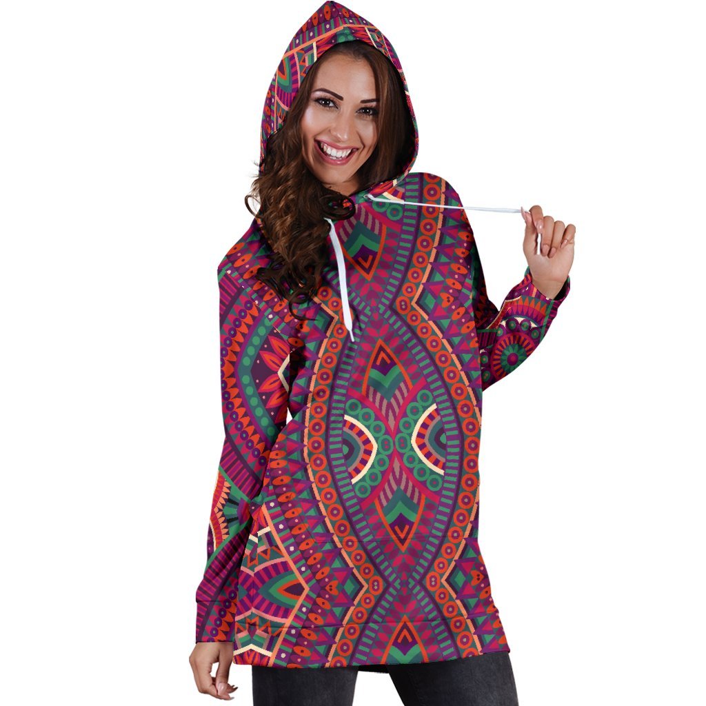 Red Tribal Ethnic Mandala Print Hoodie Dress GearFrost