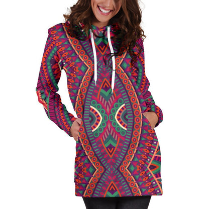 Red Tribal Ethnic Mandala Print Hoodie Dress GearFrost