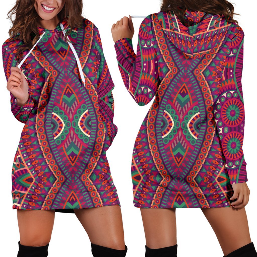 Red Tribal Ethnic Mandala Print Hoodie Dress GearFrost