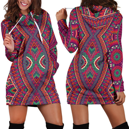 Red Tribal Ethnic Mandala Print Hoodie Dress GearFrost