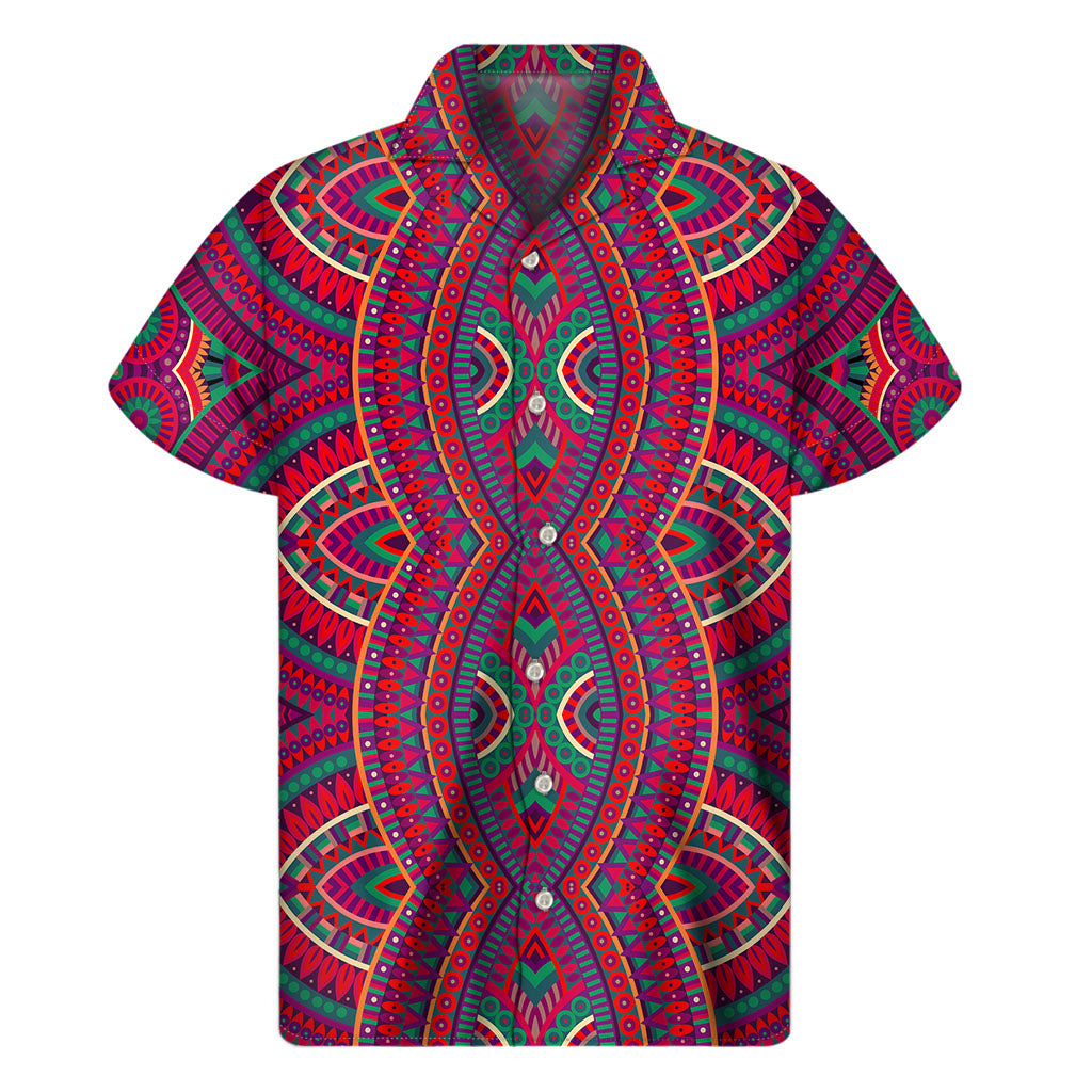 Red Tribal Ethnic Mandala Print Men's Short Sleeve Shirt