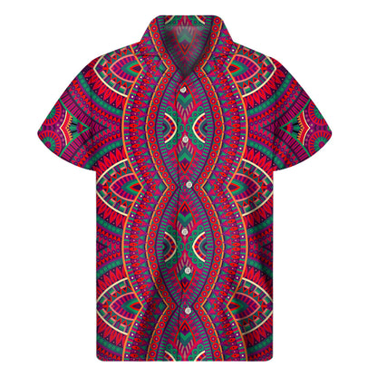 Red Tribal Ethnic Mandala Print Men's Short Sleeve Shirt