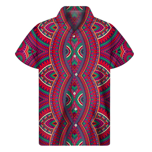 Red Tribal Ethnic Mandala Print Men's Short Sleeve Shirt