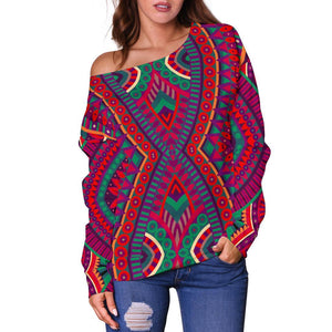 Red Tribal Ethnic Mandala Print Off Shoulder Sweatshirt GearFrost