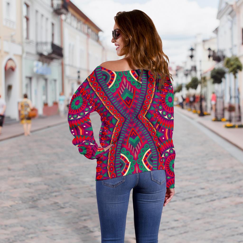 Red Tribal Ethnic Mandala Print Off Shoulder Sweatshirt GearFrost