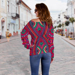 Red Tribal Ethnic Mandala Print Off Shoulder Sweatshirt GearFrost