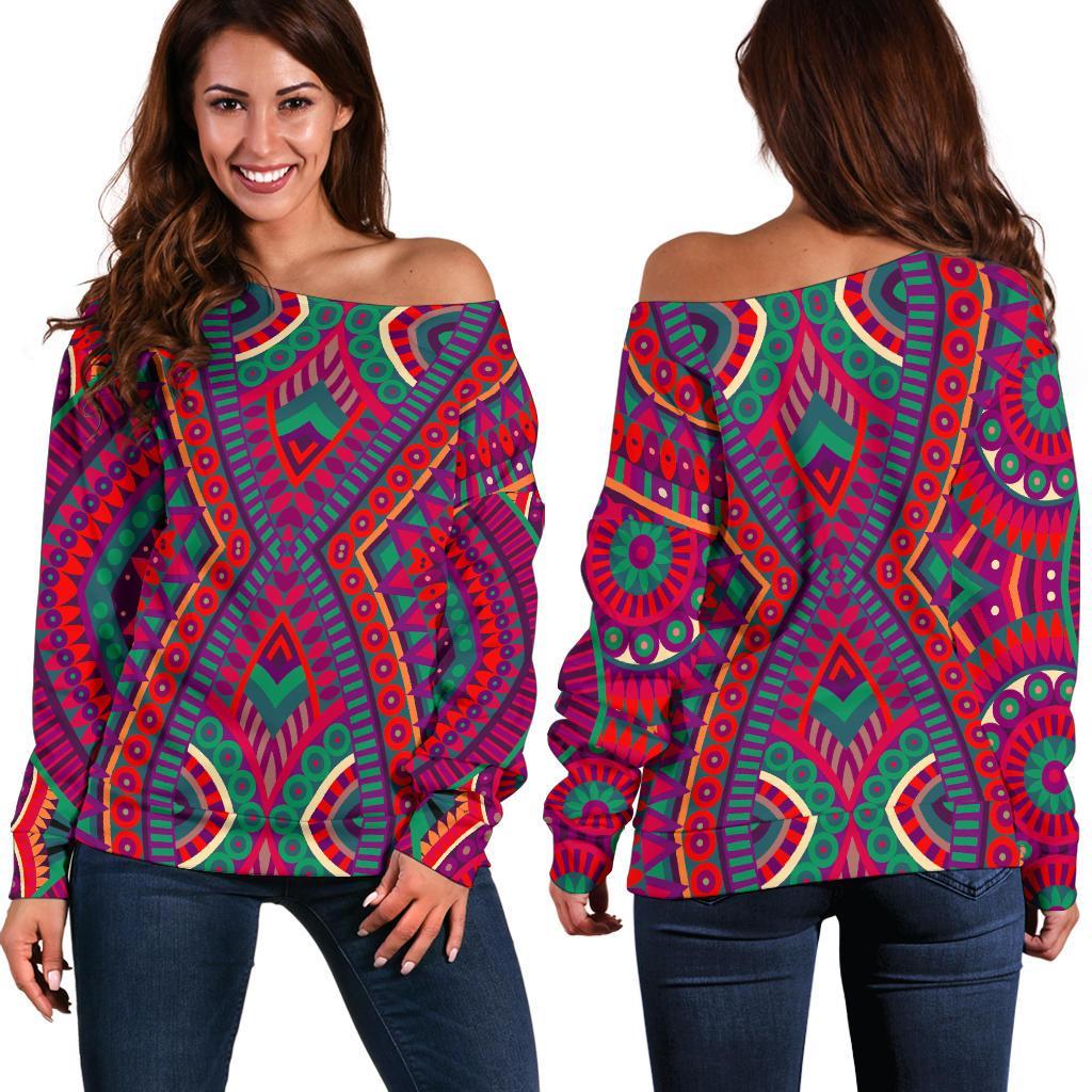 Red Tribal Ethnic Mandala Print Off Shoulder Sweatshirt GearFrost