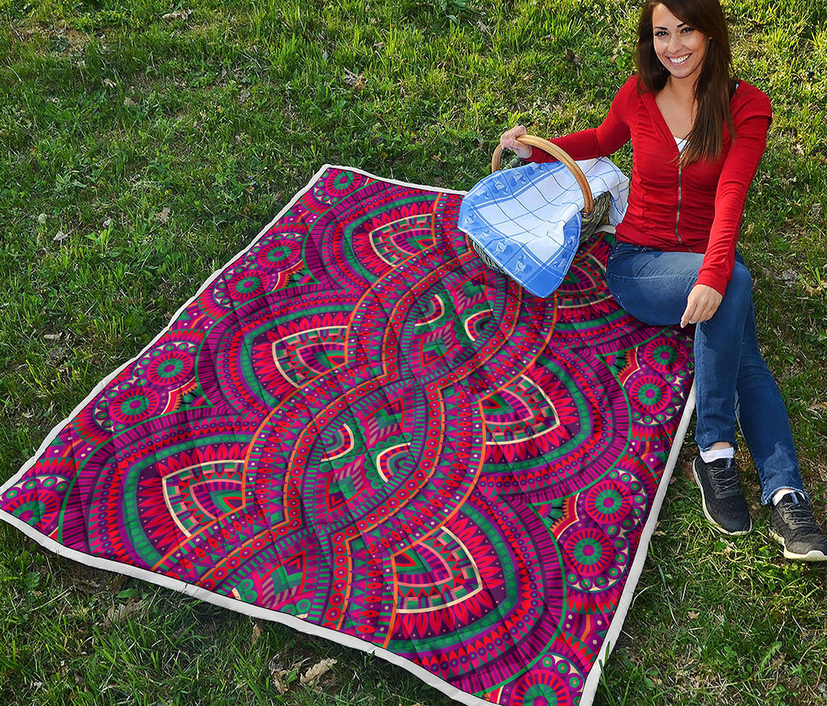 Red Tribal Ethnic Mandala Print Quilt