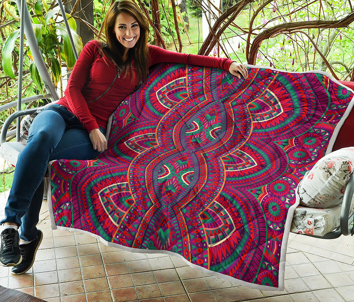 Red Tribal Ethnic Mandala Print Quilt