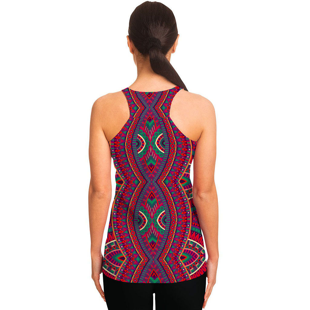 Red Tribal Ethnic Mandala Print Women's Racerback Tank Top