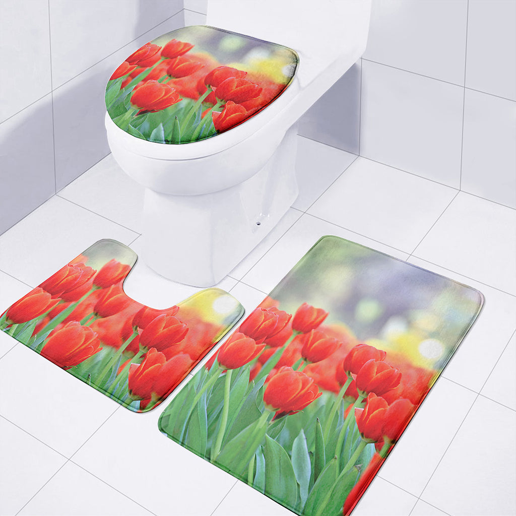 Red Tulip Print 3 Piece Bath Mat Set
