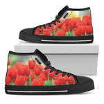 Red Tulip Print Black High Top Shoes