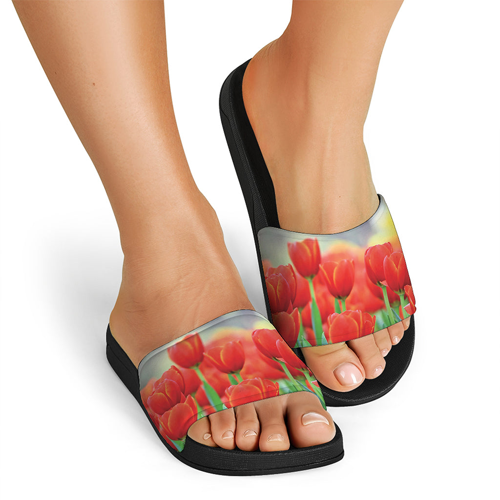 Red Tulip Print Black Slide Sandals
