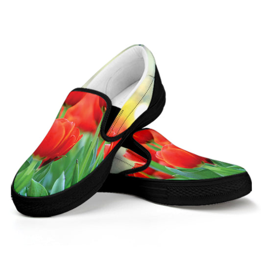 Red Tulip Print Black Slip On Shoes
