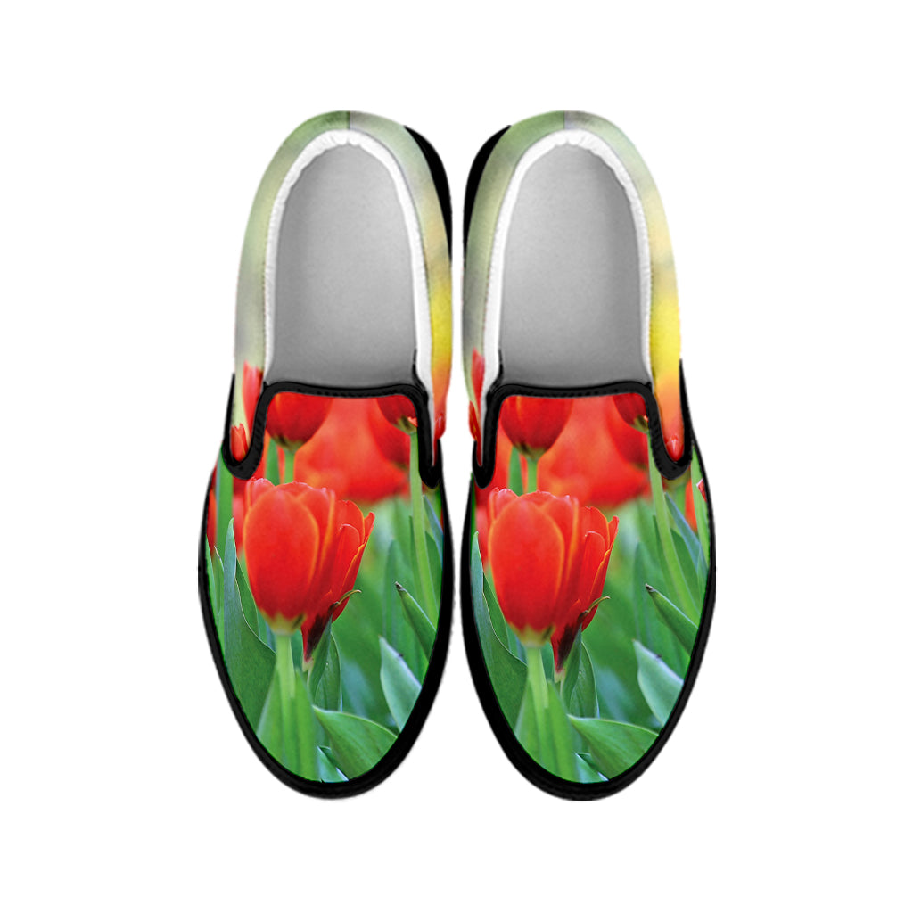 Red Tulip Print Black Slip On Shoes