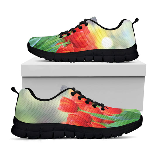 Red Tulip Print Black Sneakers