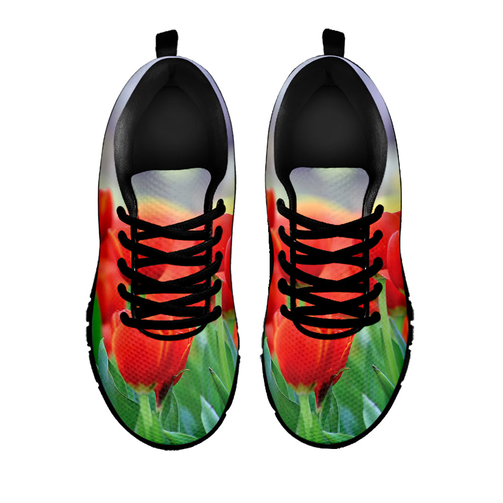 Red Tulip Print Black Sneakers