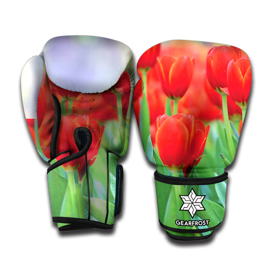 Red Tulip Print Boxing Gloves