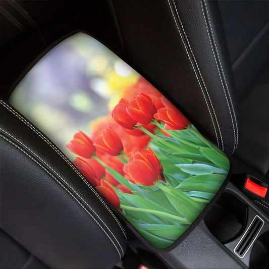 Red Tulip Print Car Center Console Cover