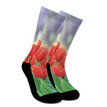 Red Tulip Print Crew Socks