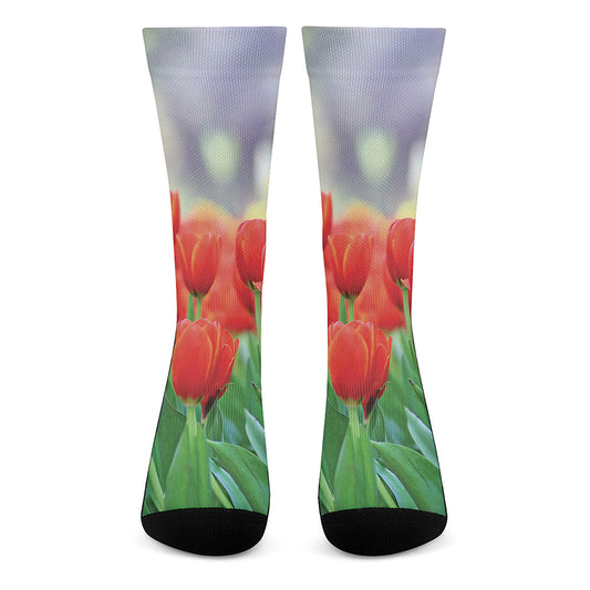 Red Tulip Print Crew Socks