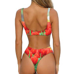 Red Tulip Print Front Bow Tie Bikini
